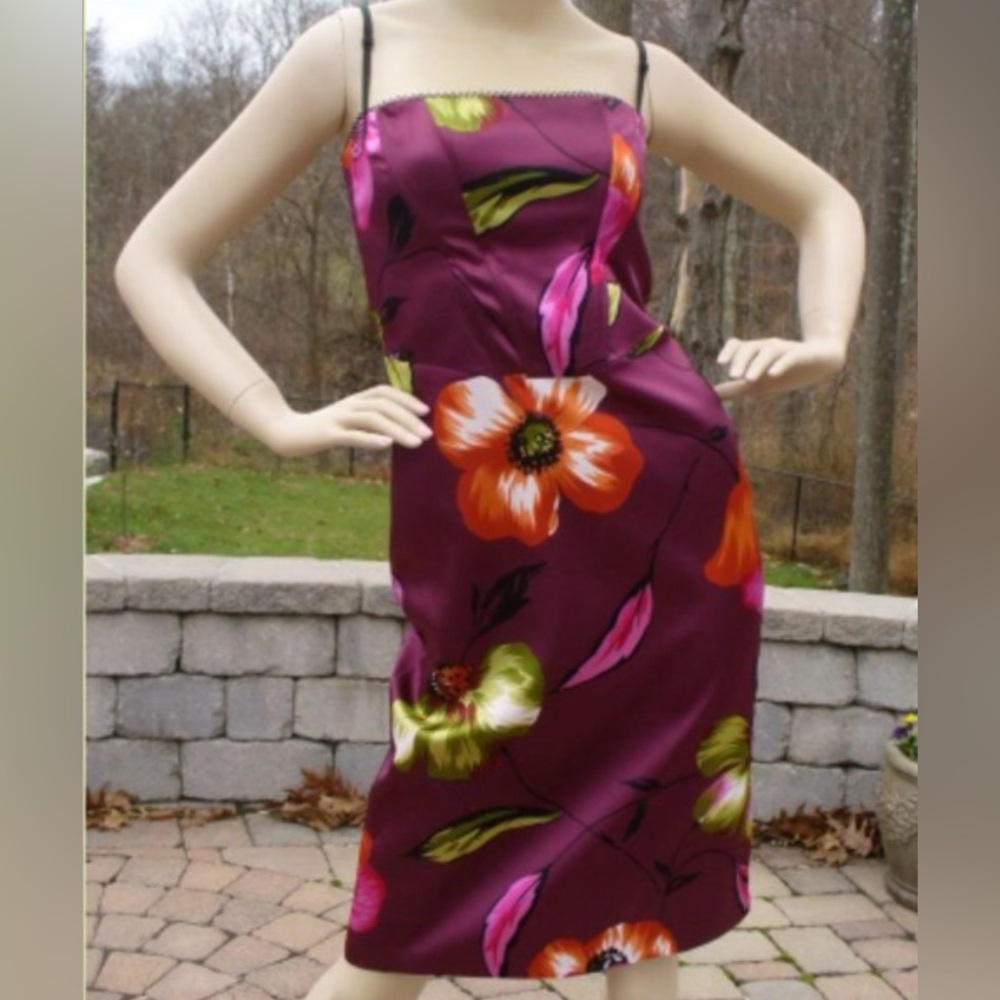 Bebe purple floral fitted midi spaghetti strap dress